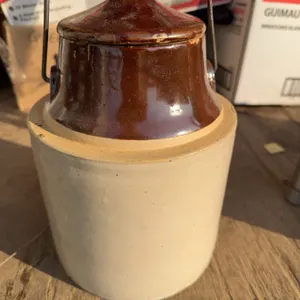 Stoneware Crock with Brown Glazed Lid and Metal Handle