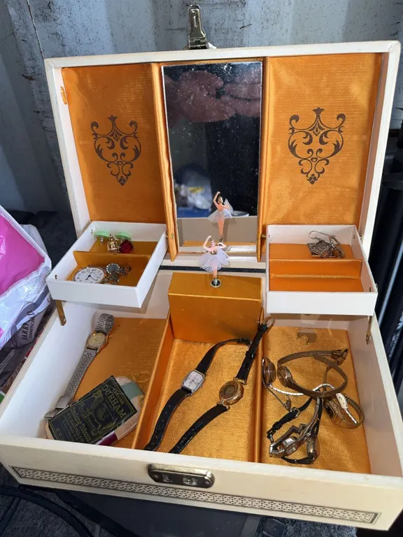 Jewellery Box With Watches, Earrings, Brooches, Tobacco Tin