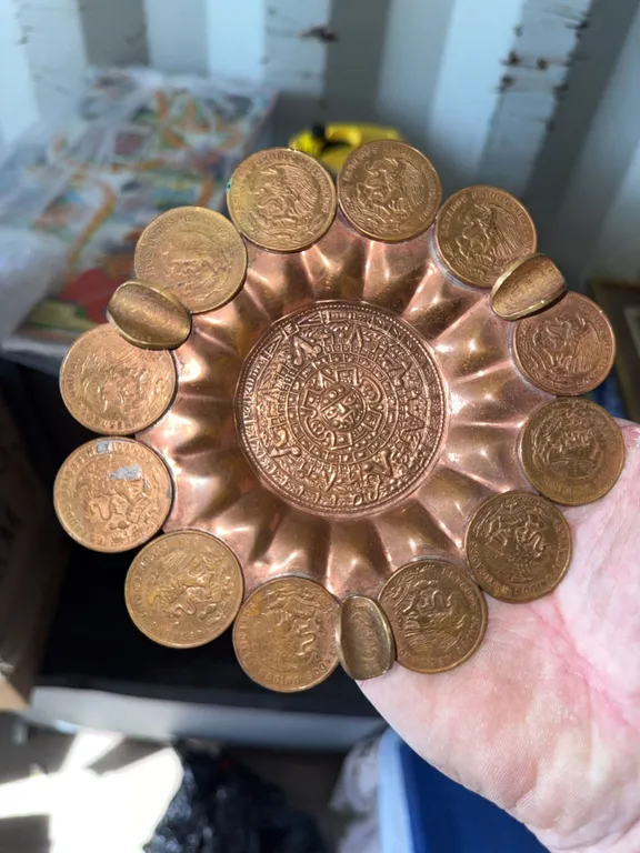 Copper Ashtray with Mexican Coin Embellishments and Aztec Calendar Motif