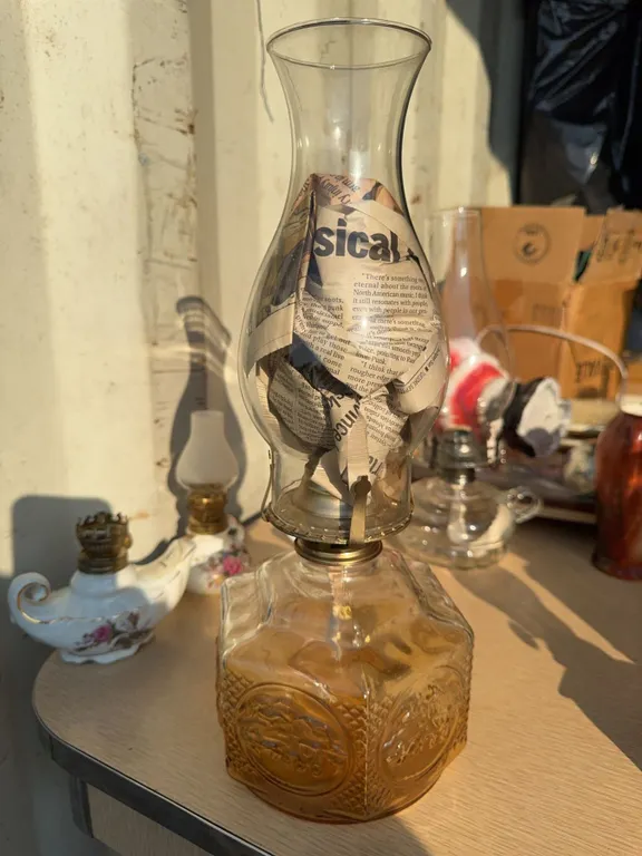 Amber Glass Oil Lamp with Embossed Horse and Carriage Motif