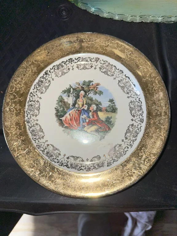 Decorative Plate With Gilded Edge And Romantic Scene, Certified Porcelains Japan