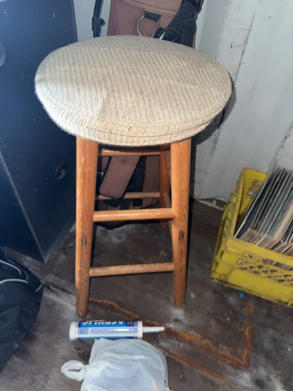Wooden Stool With Beige Upholstered Round Seat