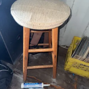 Wooden Stool With Beige Upholstered Round Seat