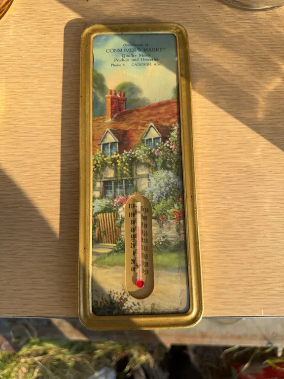 Vintage Consumers Market Metal Thermometer With Cottage Scene
