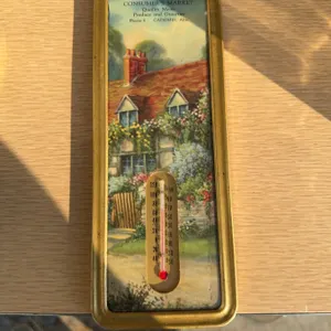 Vintage Consumers Market Metal Thermometer With Cottage Scene