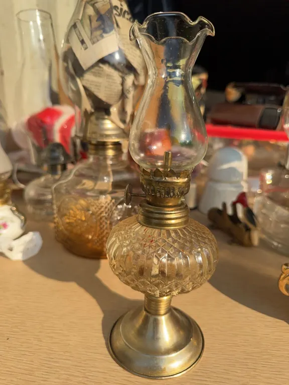 Pressed Glass and Brass Kerosene Table Lamp