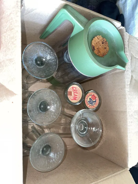 Glass Milk Bottles With Vintage Cream Caps, Ice Cream Glasses, And Pitcher