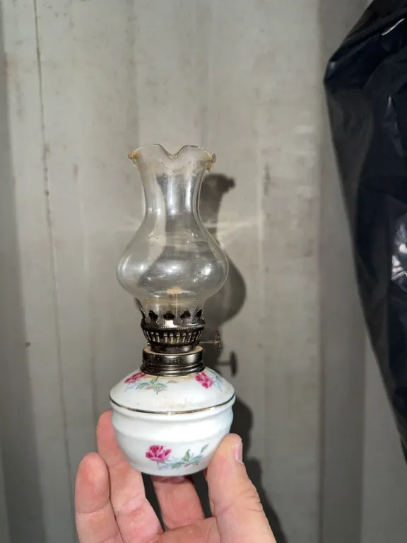 Miniature Porcelain Oil Lamp with Floral Design and Glass Chimney