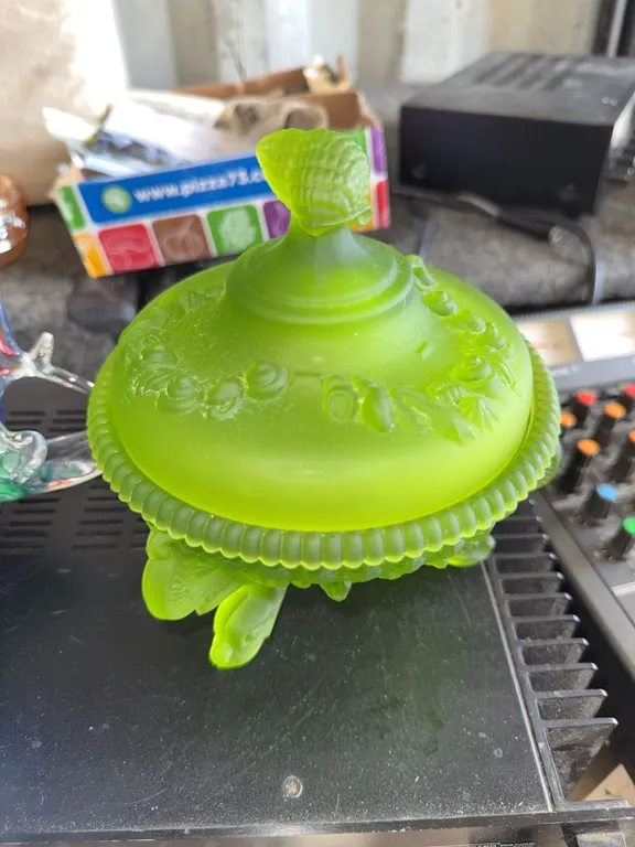 Green Satin Uranium Glass Lidded Candy Dish with Floral Design