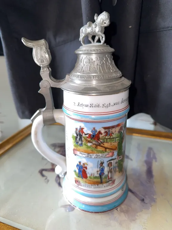 German Regimental Beer Stein with Pewter Horse Lid