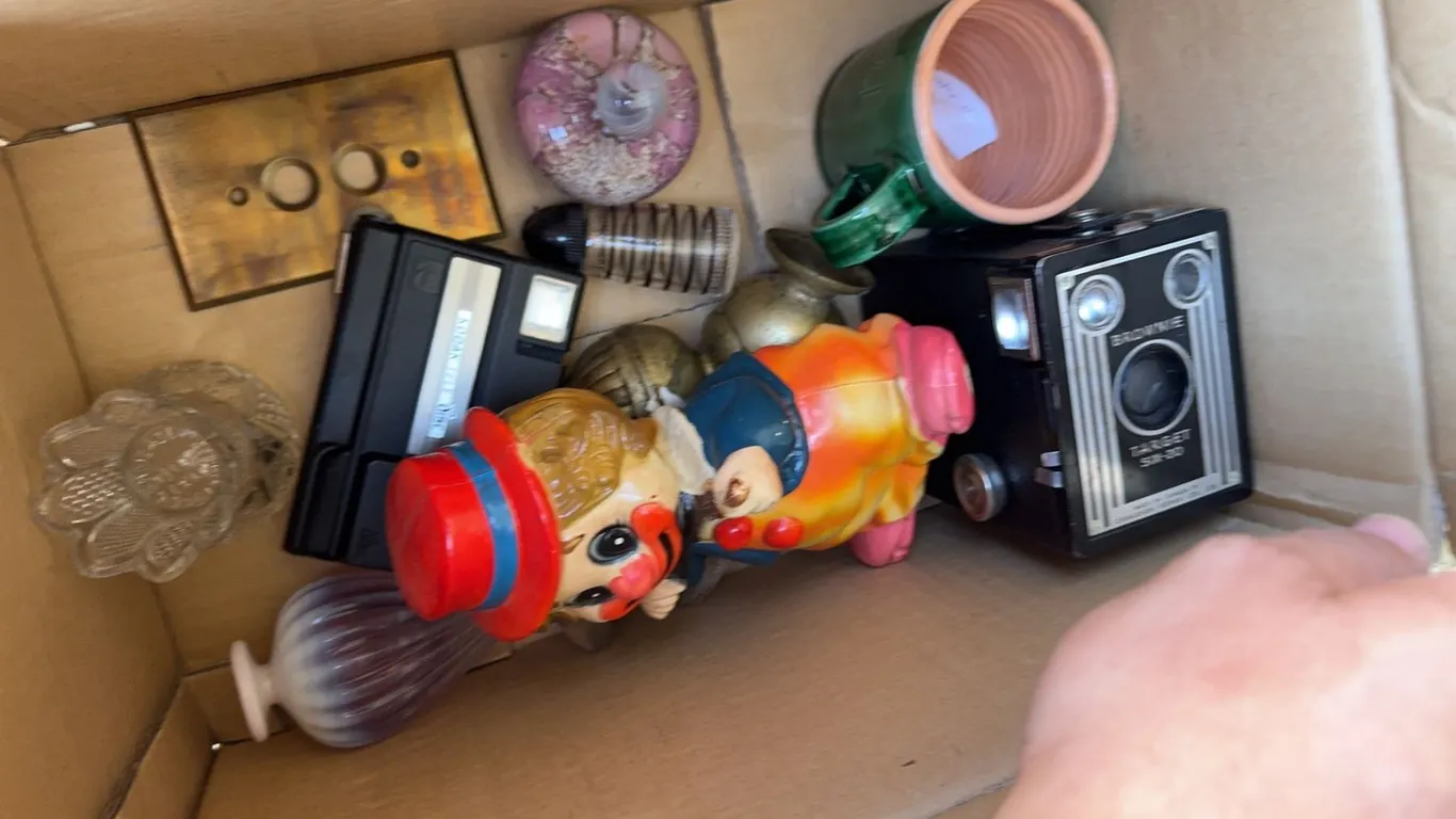 Box Lot Of Cameras, Figurines, Glassware And Ceramics