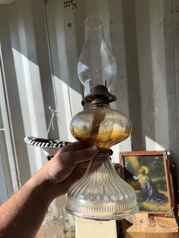 Glass Kerosene Oil Lamp with Fluted Clear Base and Amber-Tinted Font