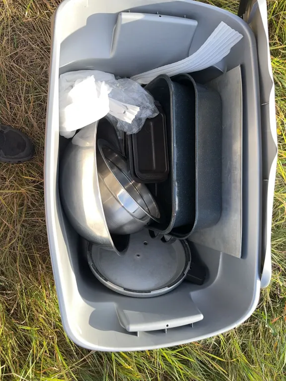 Bakeware and Mixing Bowls in Plastic Storage Bin