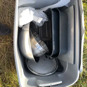 Bakeware and Mixing Bowls in Plastic Storage Bin
