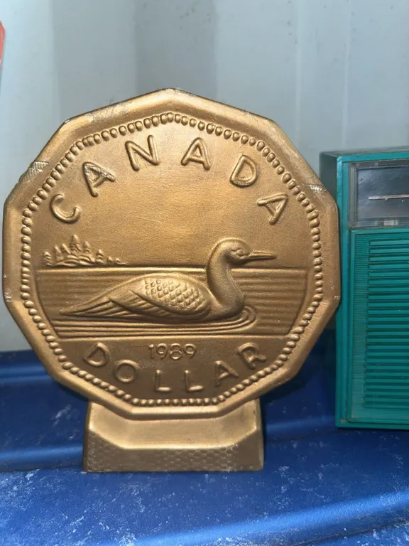 Canada Loon Dollar Coin Bank, 1989, Gold-Tone Cast Metal