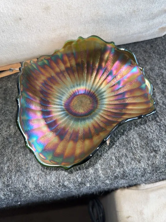 Green Iridescent Pressed Glass Ruffled Bowl