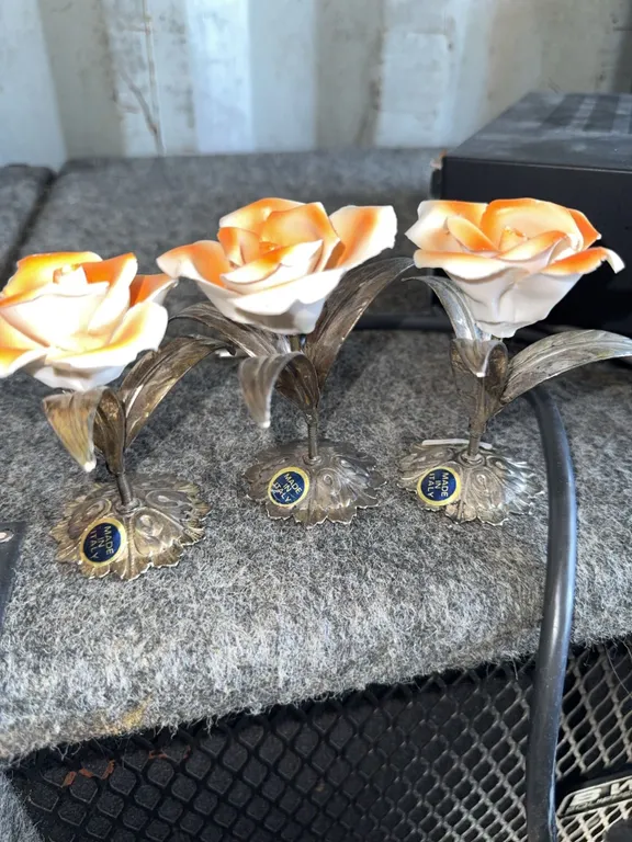 Danforth Italy Sterling Silver and Porcelain Rose Figurines, Set of 3