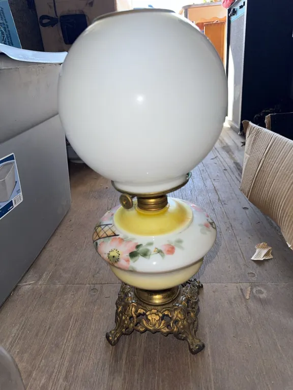 Glass Hand-Painted Table Lamp with Ornate Brass Base