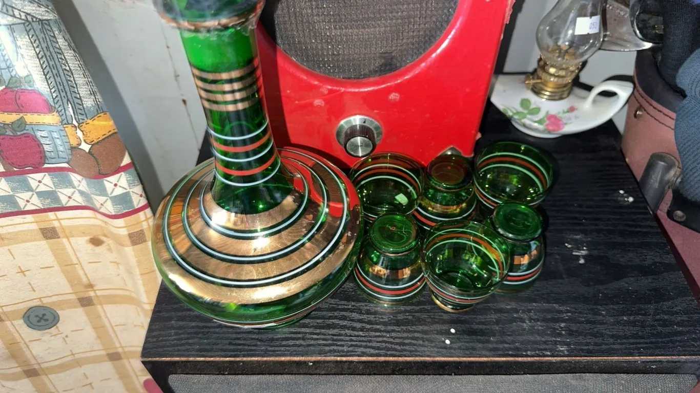 Green Glass Decanter Set With Gold and Red Bands, 6 Glasses