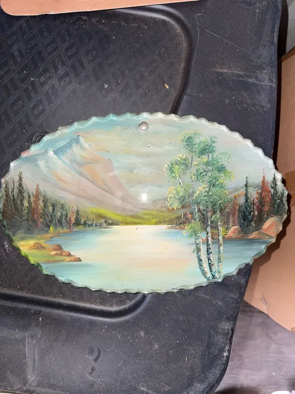 Hand-Painted Oval Landscape Wall Plaque on Scalloped Glass
