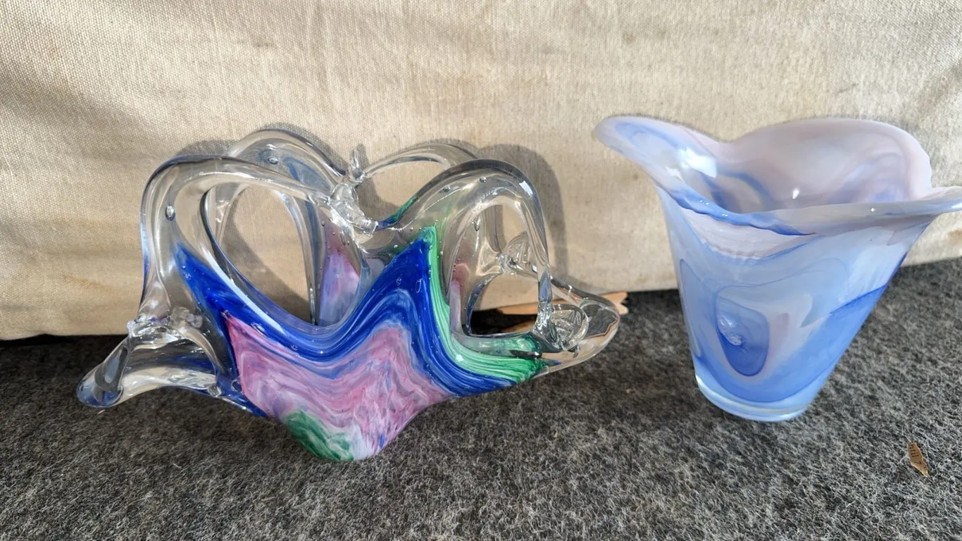 Art Glass Pieces, Abstract Dish and Swirl Vase