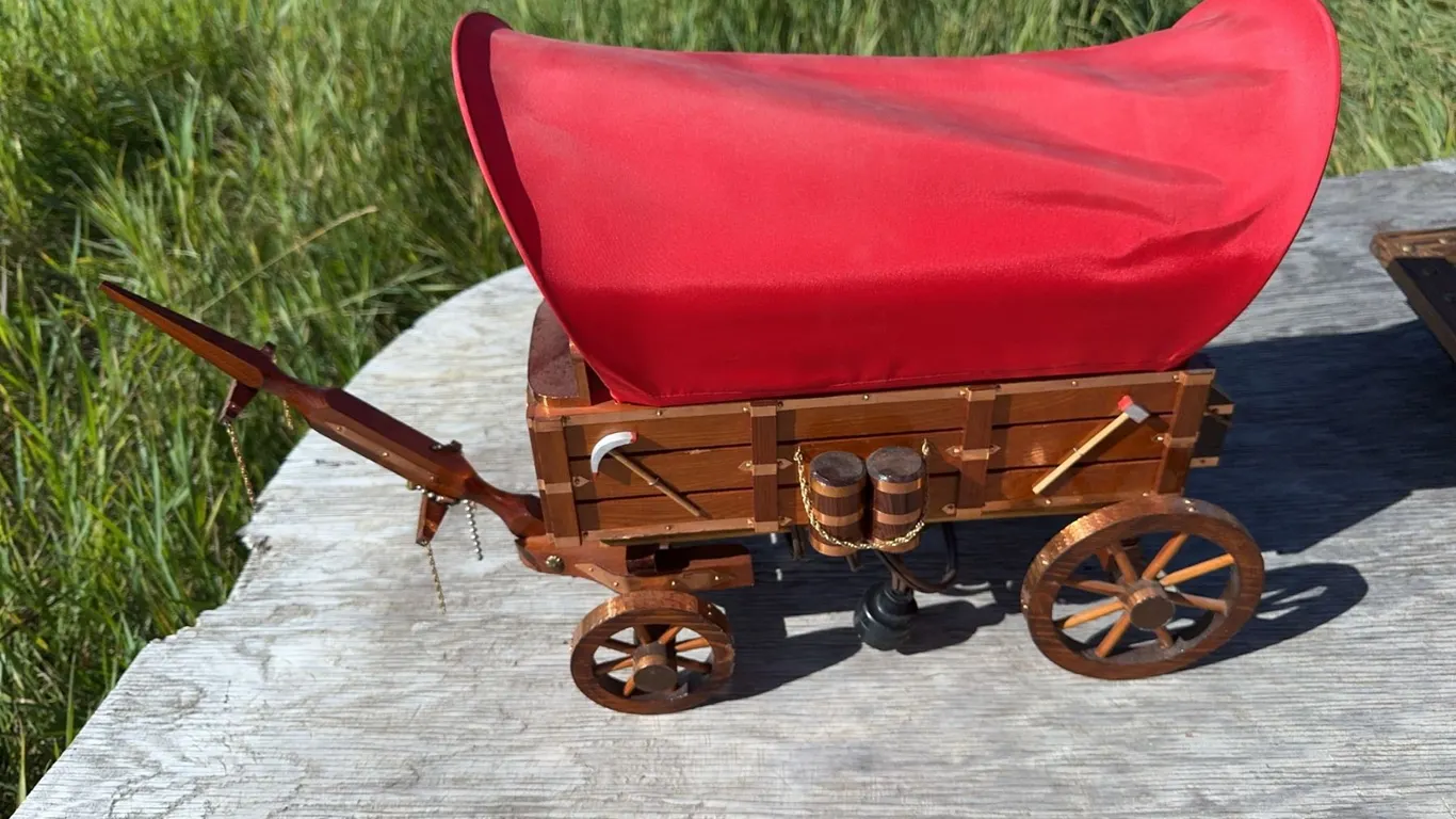 Wood and Red Canvas Covered Wagon Electric Lamp Decor
