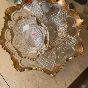 Pressed Glass Bowl Set with Gold Trim, Two Pieces, One Damaged