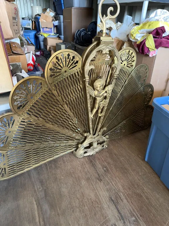 Brass Folding Fireplace Fan Screen with Cherub Motif