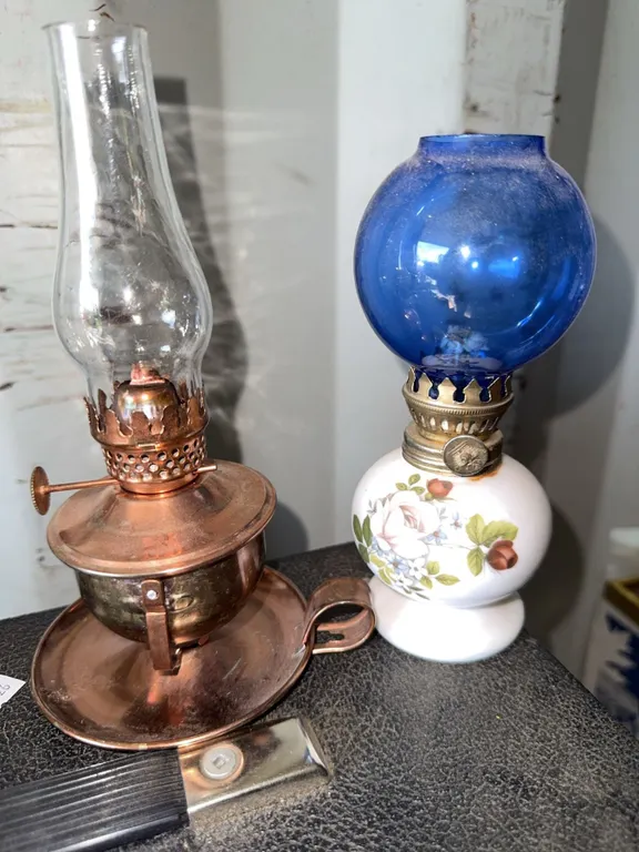 Tabletop Oil Lamps: Copper and Floral Porcelain Base