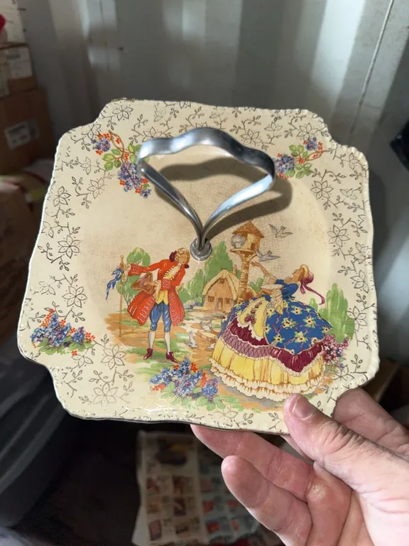 English Porcelain Square Cake Plate with Handle and Courting Couple Scene