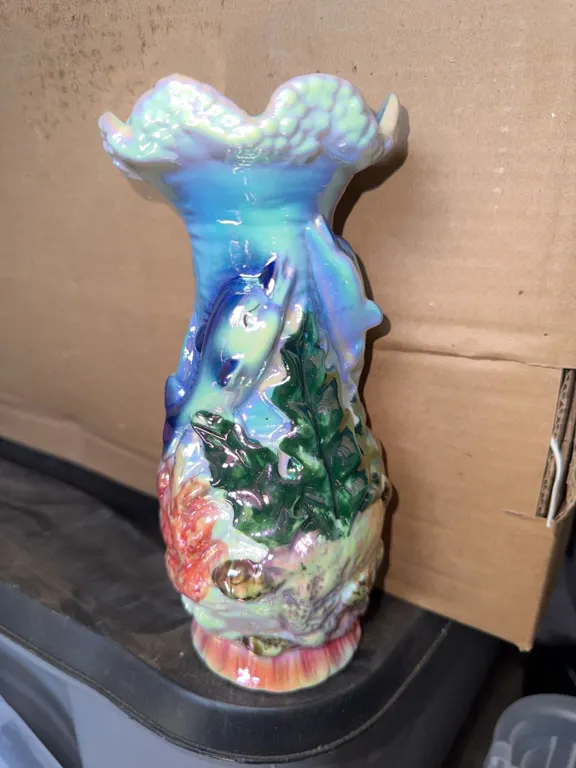 Iridescent Ceramic Vase With Fish and Underwater Motif