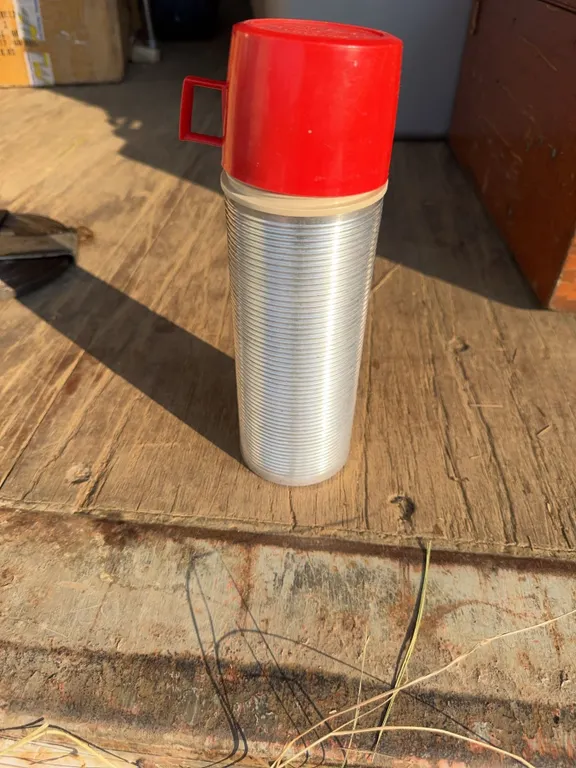 Thermos Brand Aluminum Insulated Bottle With Red Lid, 12 Oz Size