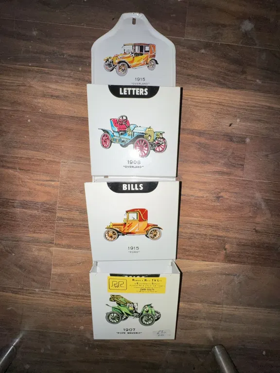 Vintage Metal Wall Organizer with Antique Car Illustrations