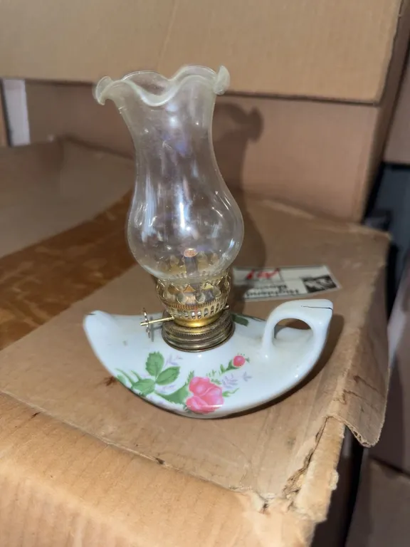 Porcelain Miniature Oil Lamp with Floral Design and Glass Chimney