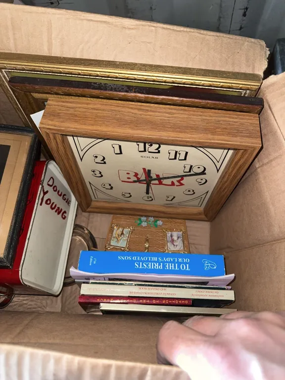 Box Lot with Red Tin Lunchbox, Wood Box, Framed Print, and Books