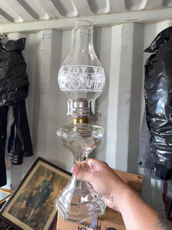 Clear Glass Oil Lamp with Etched Floral Chimney and Hexagonal Base