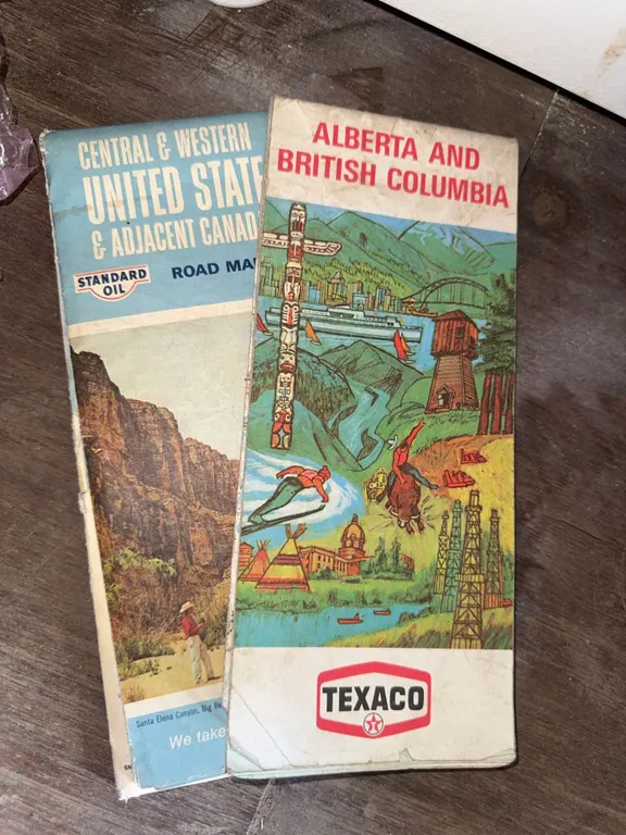 2 Vintage Road Maps: United States, Alberta and British Columbia