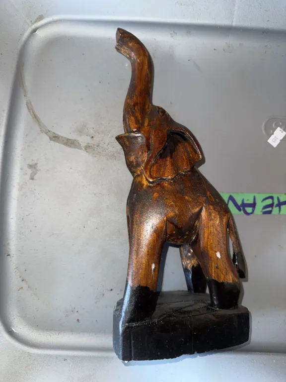Lot: Carved Wood Elephant, Belleek Ireland Vase and Bowl