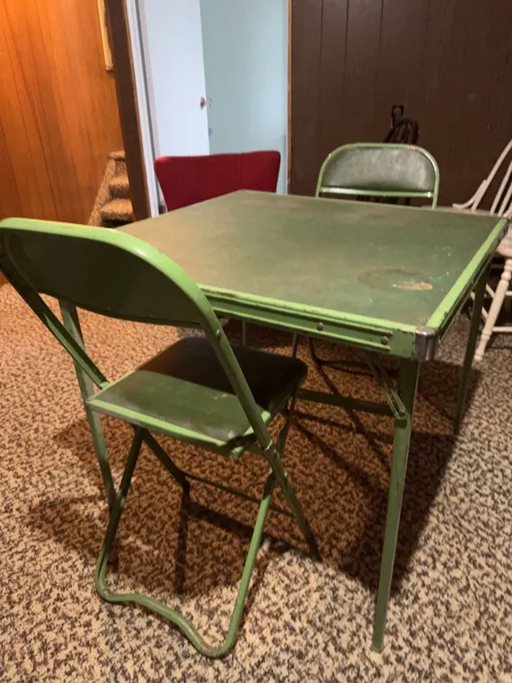 Antique Green Metal Folding Card Table With Two Matching Chairs