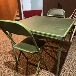 Antique Green Metal Folding Card Table With Two Matching Chairs