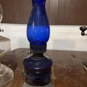 Cobalt Blue Glass Oil Lamp with Metal Burner, 11 Inches Tall