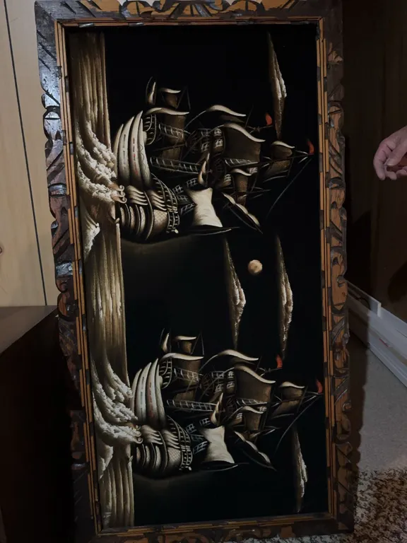 Velvet Painting of Sailing Ships with Wooden Frame, 90 cm x 47 cm