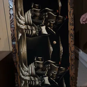Velvet Painting of Sailing Ships with Wooden Frame, 90 cm x 47 cm