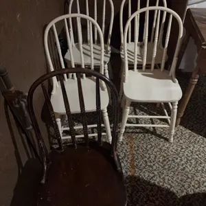 Five Wooden Spindle Back Chairs, Four White, One Brown