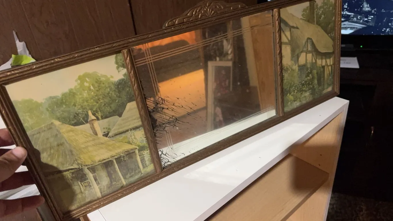 Framed Mirror With Two Country Cottage Prints, 24" x 9"