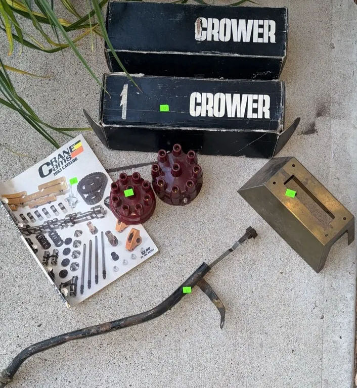 Crower Engine Parts Boxes, Crane Cams 1983 Catalog, Caps, and Metal Bracket Lot