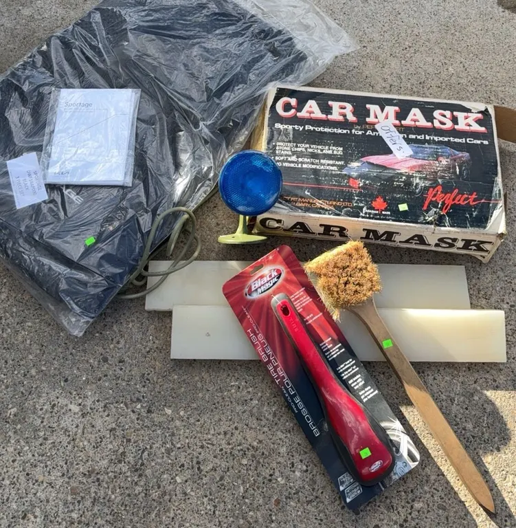 Automotive Accessories Lot with Car Mask, Sportage Mats, Brushes, and Light