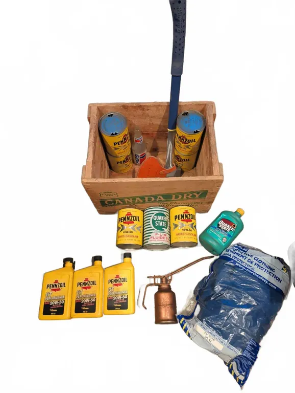 Canada Dry Wooden Crate with Pennzoil and Quaker State Oil Cans, and more
