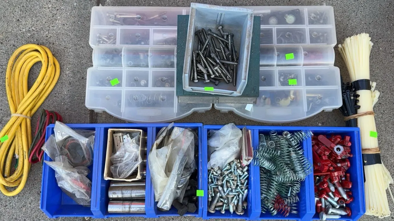Hardware Lot With Fasteners, Springs, Cable Ties, and Organizer Boxes