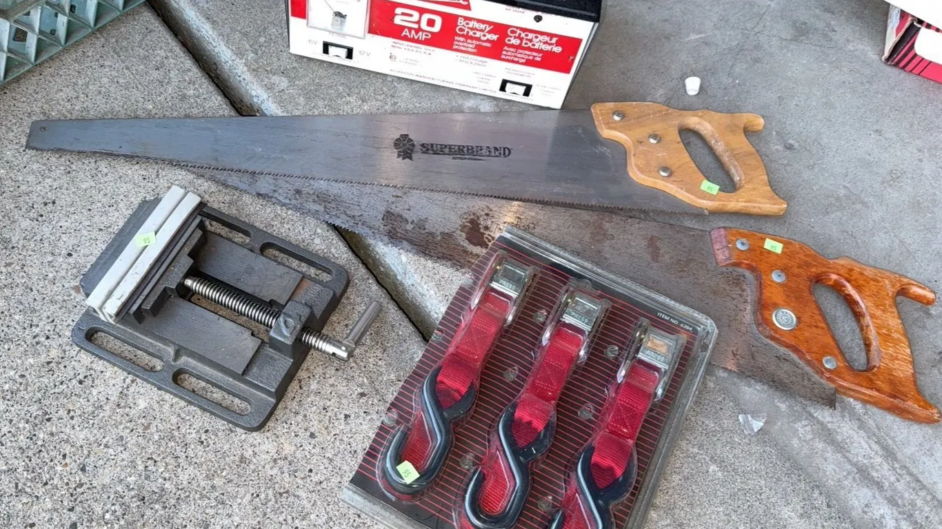 Tools: Two Hand Saws, Battery Charger, Bench Vise, Tie Down Straps